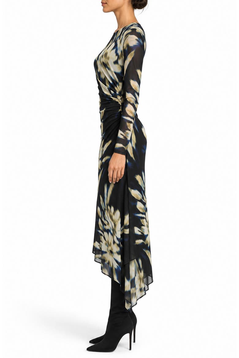 Asymmetric Mesh Long Sleeve Midi Dress, Alternate, color, INKY FLORAL