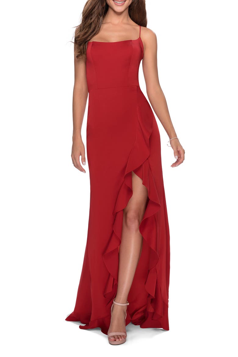 Ruffle Prom Dress with Scoop Neck and Lace Up Back, Main, color, RED