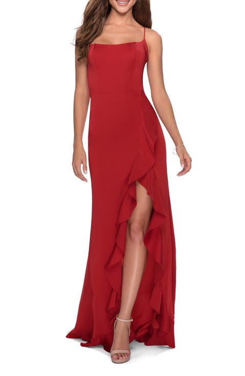 Ruffle Prom Dress with Scoop Neck and Lace Up Back