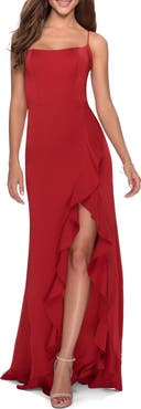 La Femme Ruffle Prom Dress with Scoop Neck and Lace Up Back