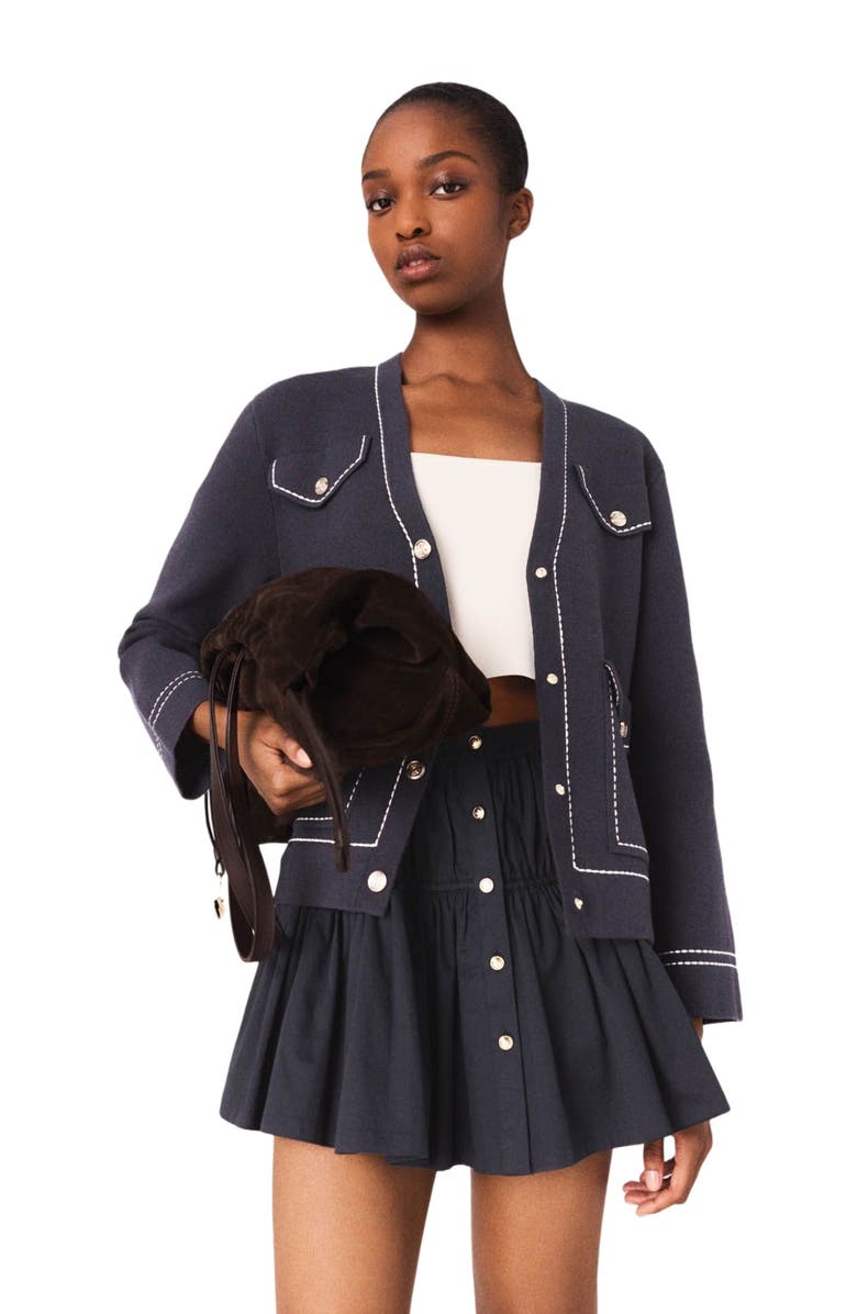 maje Long topstitched knit cardigan, Alternate, color, Navy