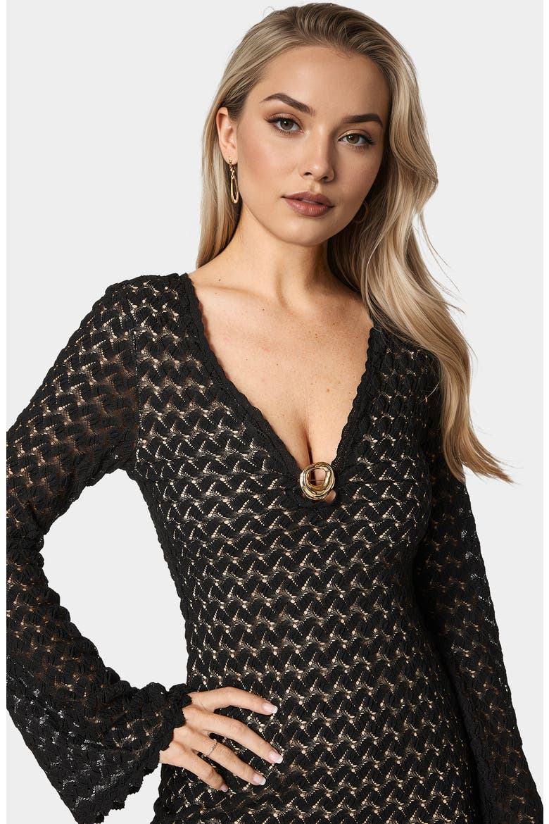 Lace Bell Sleeve Minidress, Alternate, color, BLACK/ NUDE
