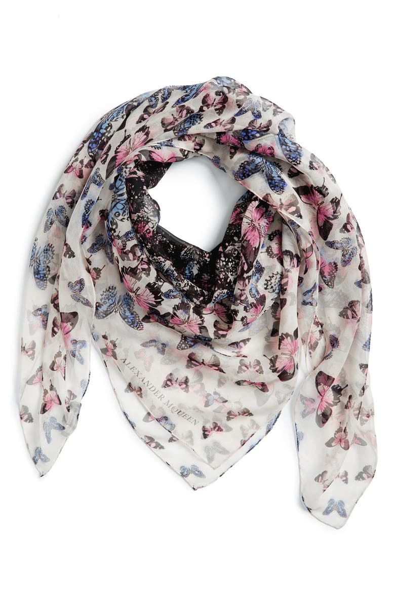 McQueen Alexander McQueen 'Butterfly Flight' Square Silk Scarf, Main, color, 