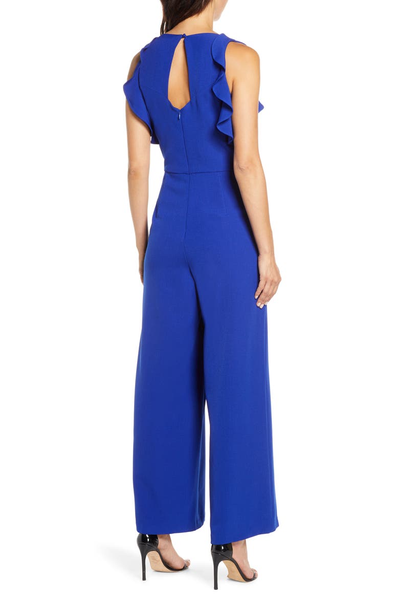 Crepe Ruffle Trim Wide Leg Jumpsuit, Alternate, color, COBALT