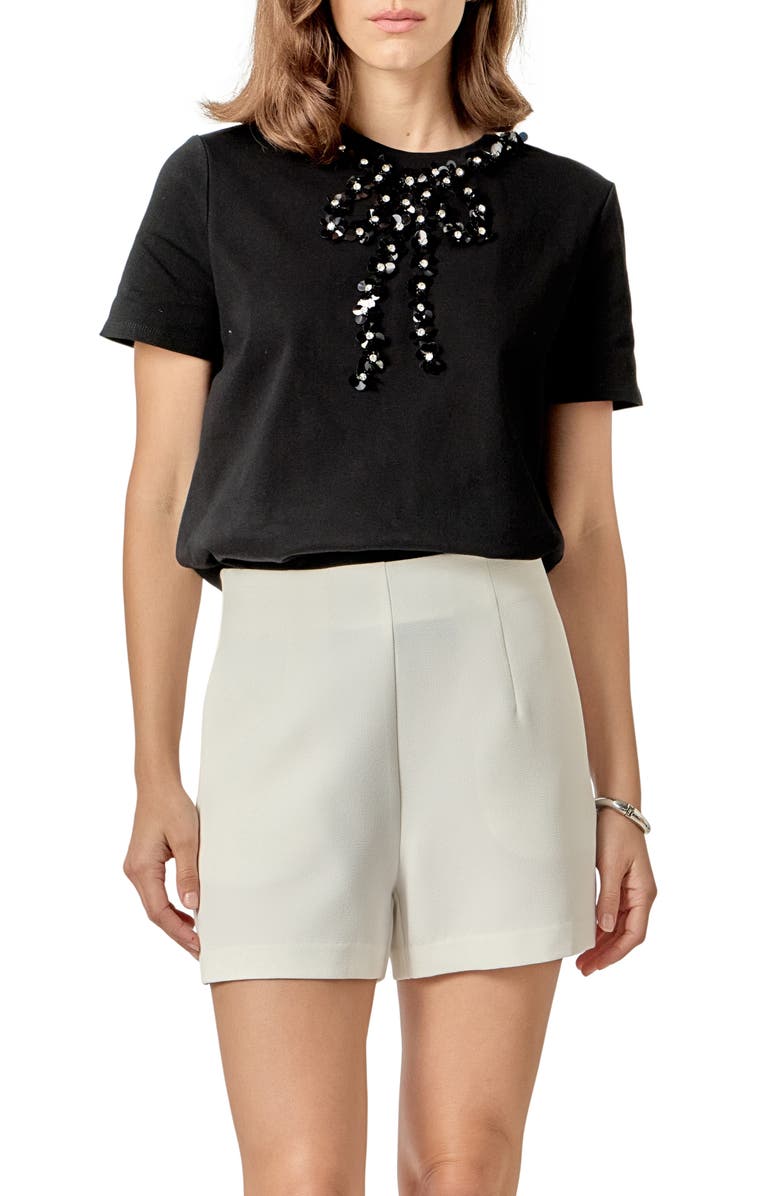 English Factory Beaded Bow Detail Top, Alternate, color, Black