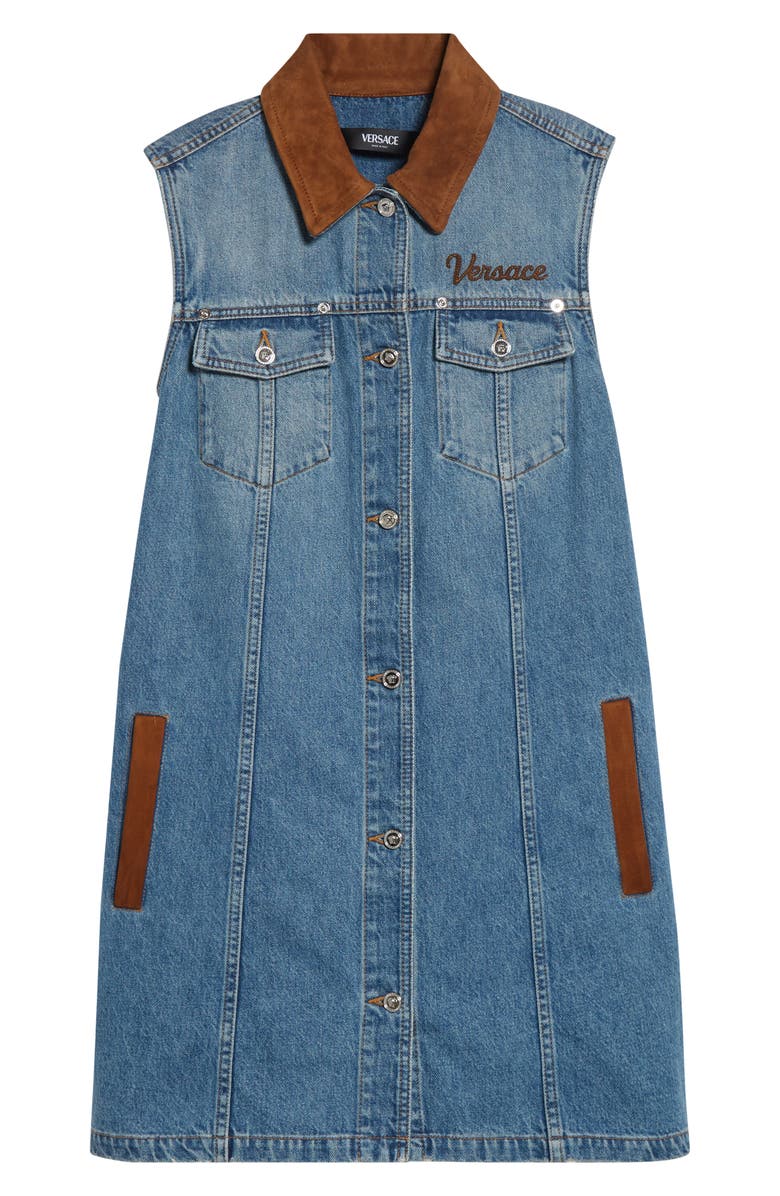 Versace Suede Trim Denim Shirtdress, Alternate, color, Medium Blue
