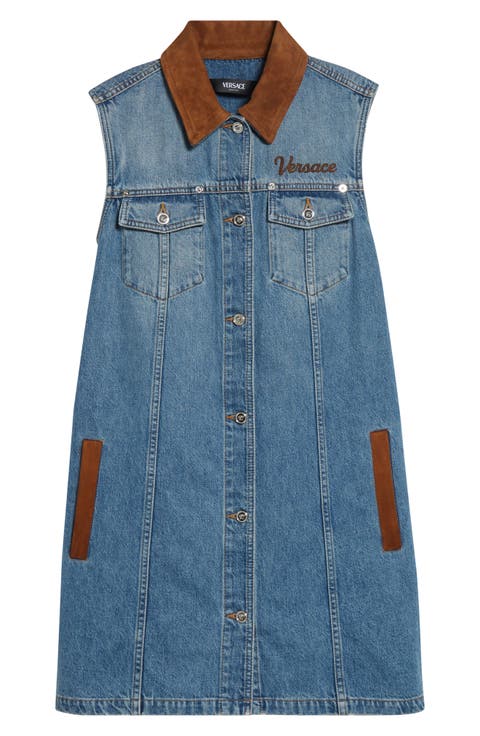 Suede Trim Denim Shirtdress