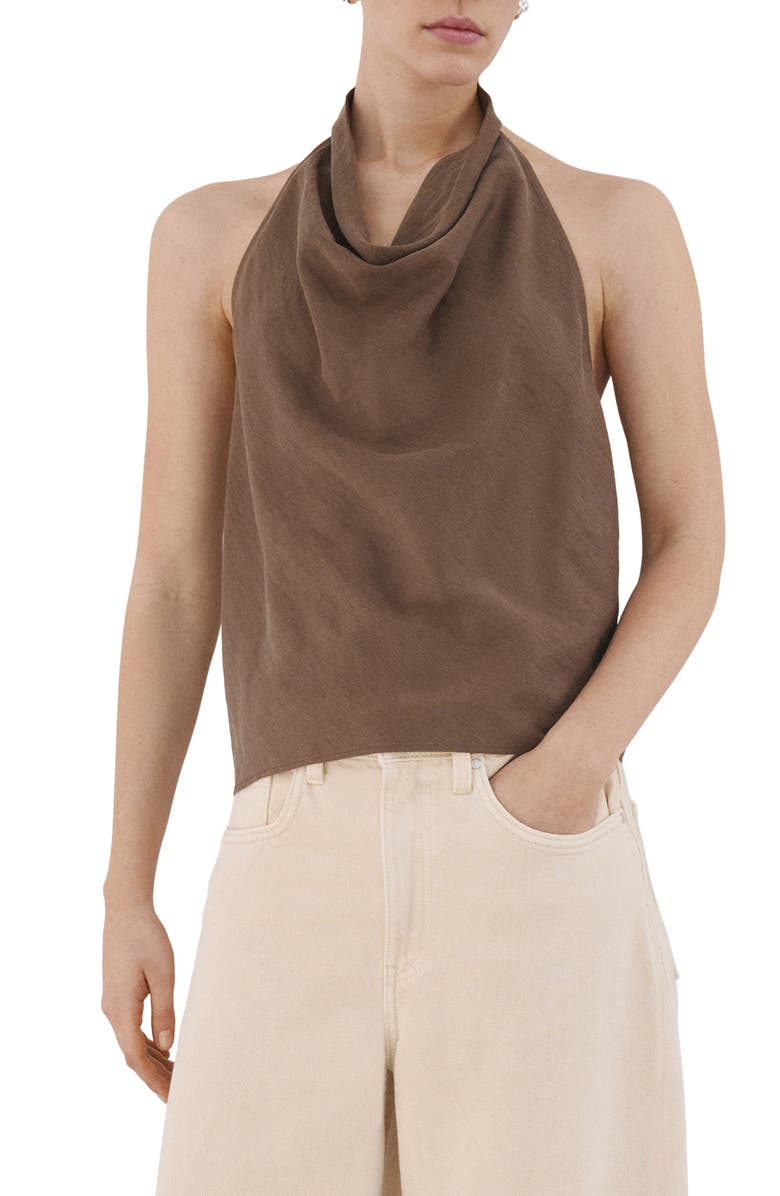 MANGO Cowl Halter Neck Top, Main, color, Brown