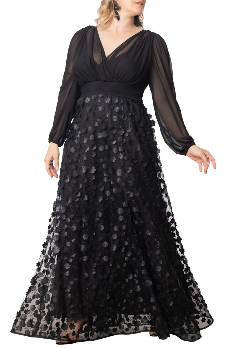 Kiyonna Blossoming Beauty Long Sleeve Mesh Evening Gown, Main, color,