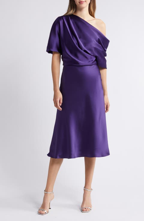 One-Shoulder Fluid Satin Cocktail Midi Dress