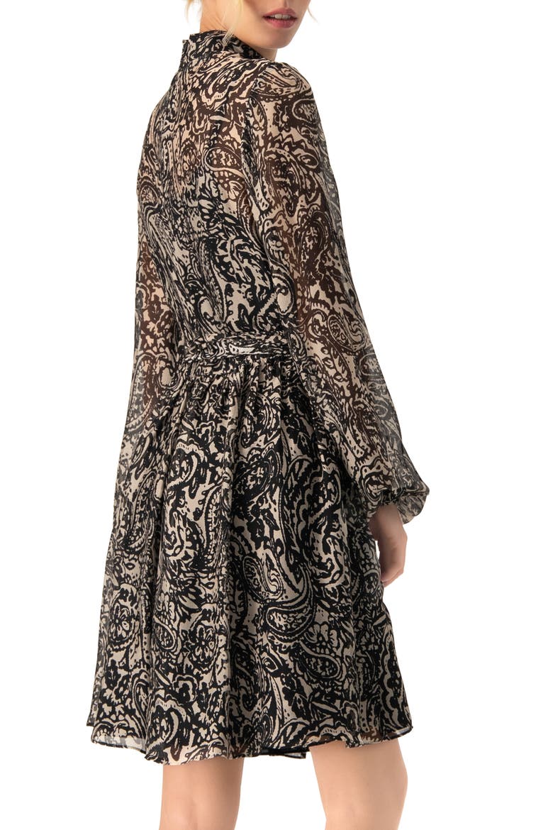 Paisley Printed Short Dress with Waist Tie, Alternate, color, Black