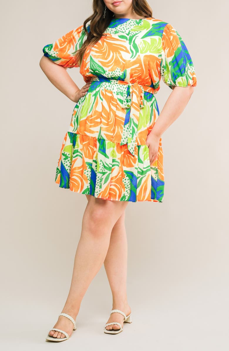 FLYING TOMATO Printed Tie Waist Puff Sleeve Minidress, Alternate, color, Ivory