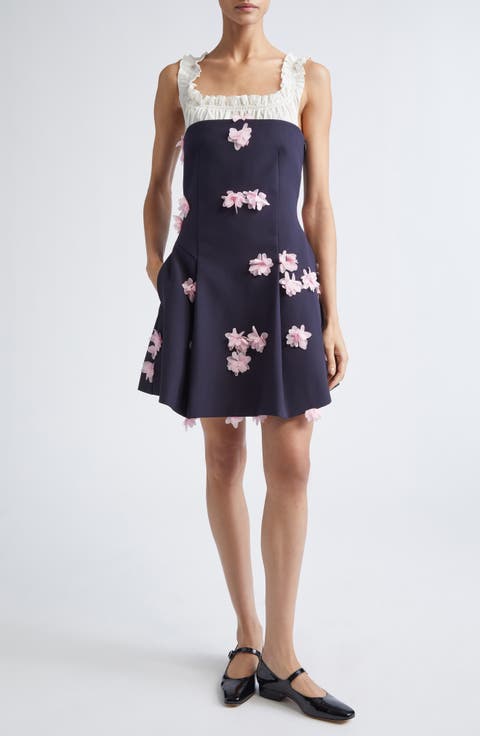 Floral Appliqué Mixed Media Fit & Flare Cocktail Dress