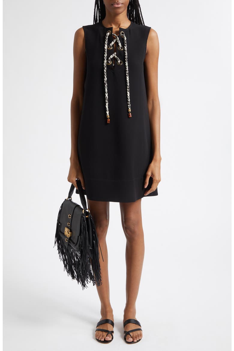 Rhoslyn Lace-Up Cady Minidress, Alternate, color, BLACK