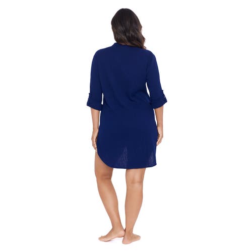 Trimshaper Button-down High-low Beach Shirt Coverup In Blue