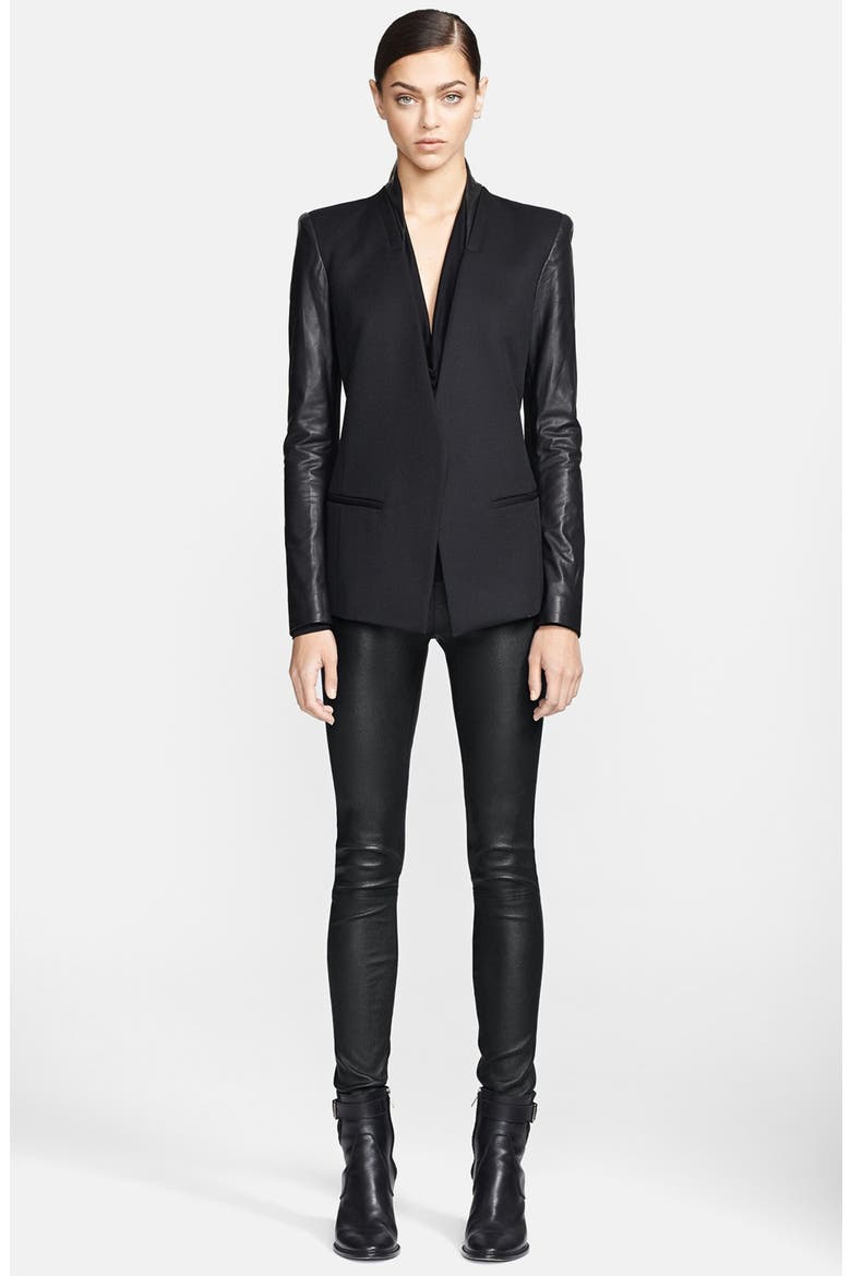 Leather Sleeve Virgin Wool Blazer, Alternate, color, BLACK