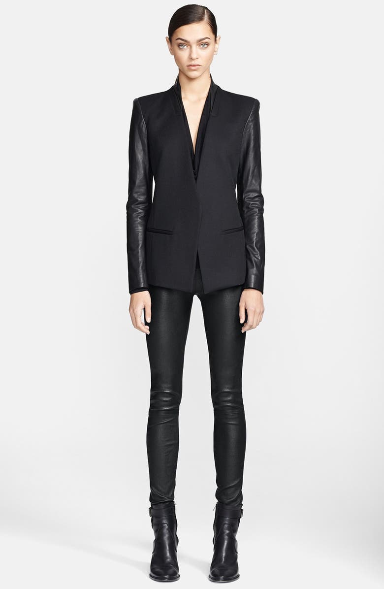 Helmut Lang Leather Sleeve Virgin Wool Blazer, Alternate, color, 