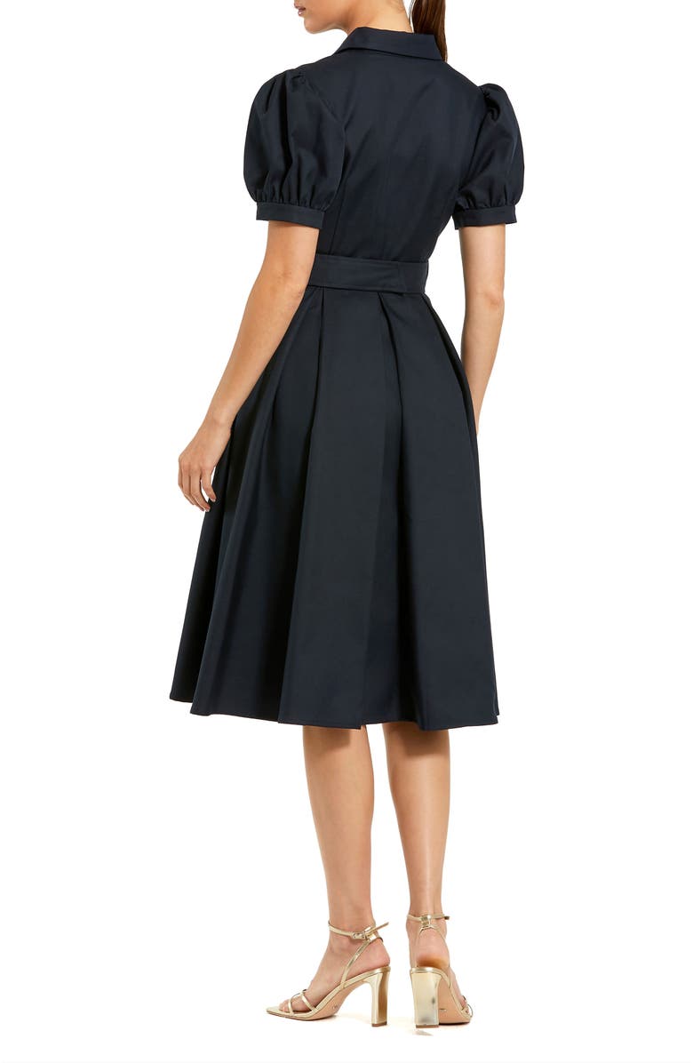 Mac Duggal Puff Sleeve Twill Button Up Midi Dress With Belt, Alternate, color, Midnight