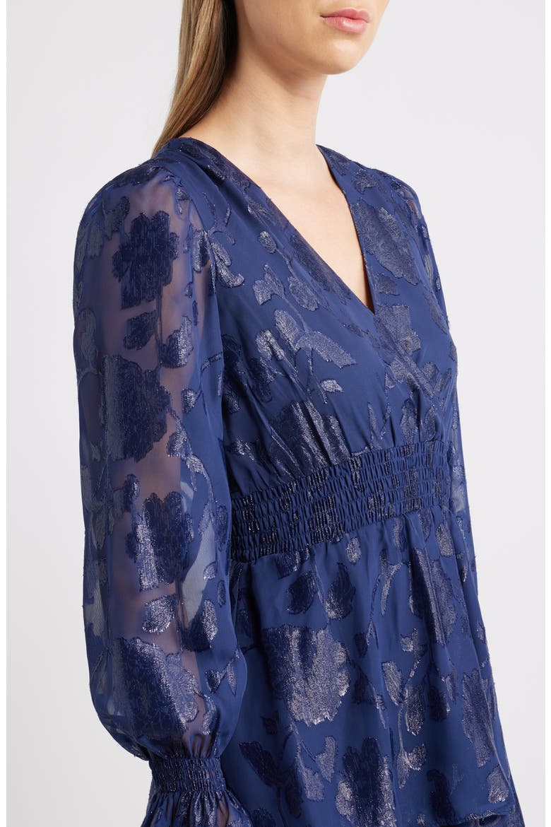 Metallic Floral Long Sleeve Tiered Dress, Alternate, color, DISTANT MOUNTAIN