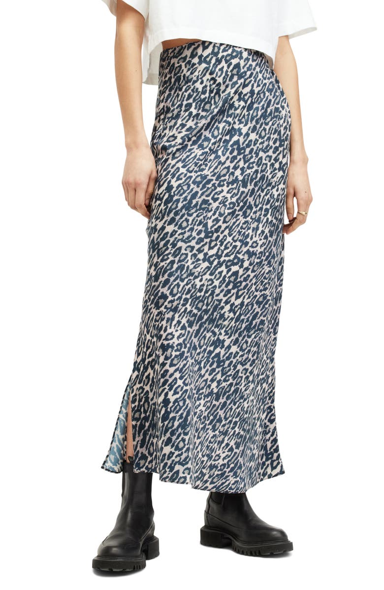 AllSaints Bryony Leopard Print Satin Maxi Skirt, Main, color,