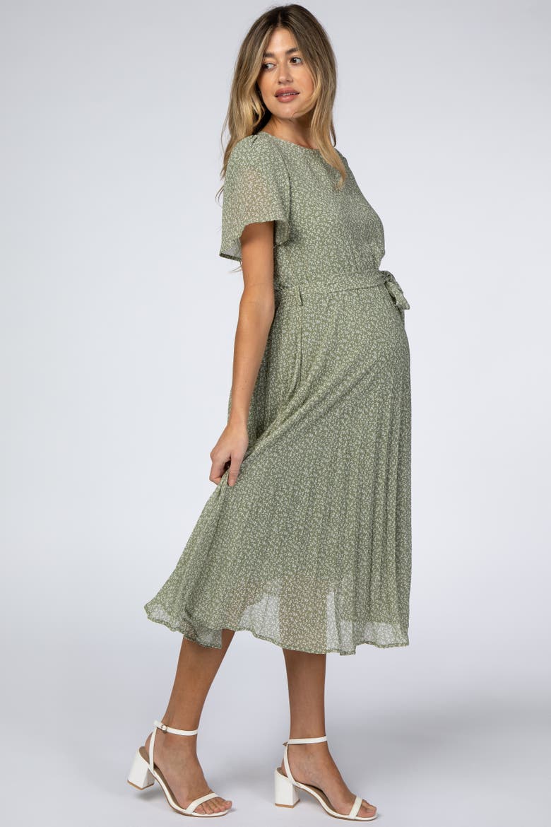 Leaf Print Pleated Midi Dress, Alternate, color, Light Olive