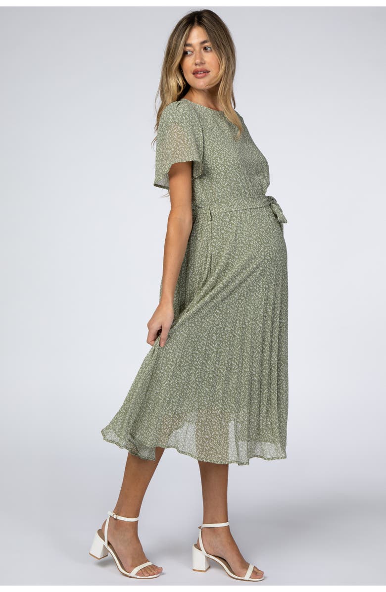 PinkBlush Leaf Print Pleated Midi Dress, Alternate, color, Light Olive