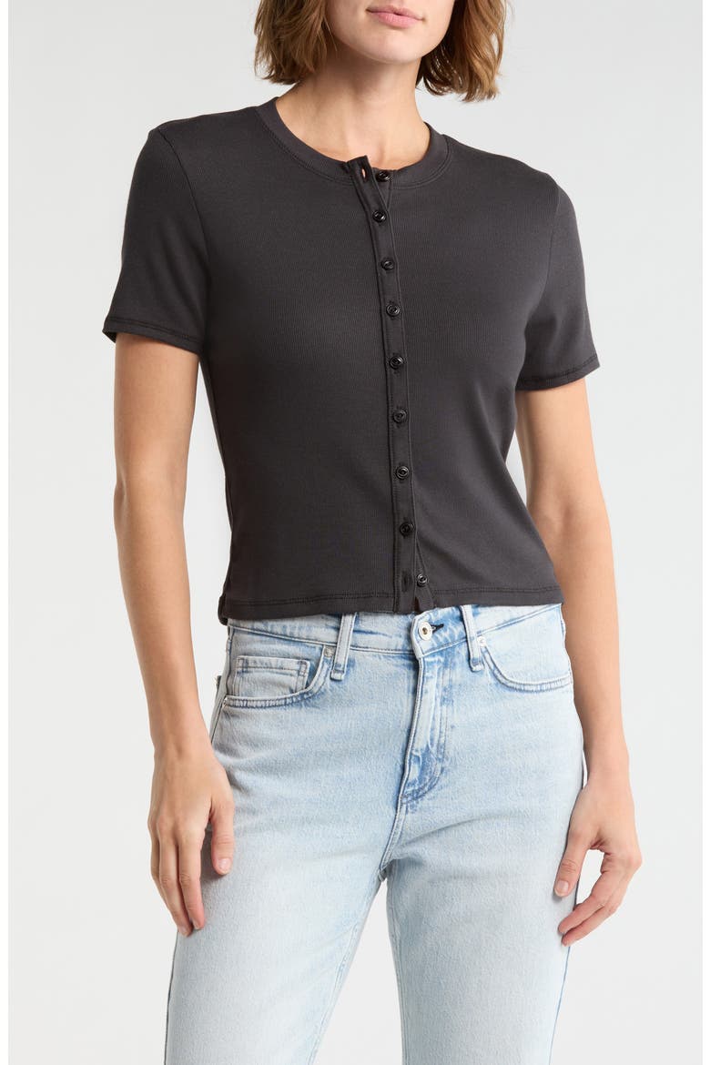 Essie Short Sleeve Button-Up Crop T-Shirt, Main, color, BLACK