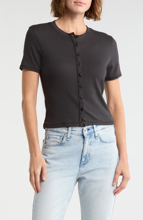 Essie Short Sleeve Button-Up Crop T-Shirt
