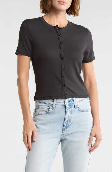 rag & bone Essie Short Sleeve Button-Up Crop T-Shirt
