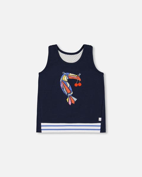 Girl's Organic Cotton Tank Top Navy Blue And Toucan