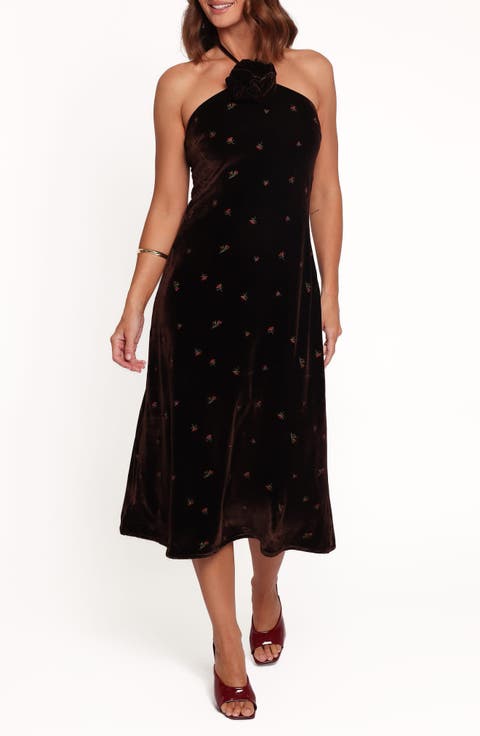 Enrique Halter Neck Velvet Midi Dress