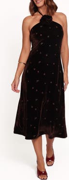 Petal & Pup Enrique Halter Neck Velvet Midi Dress