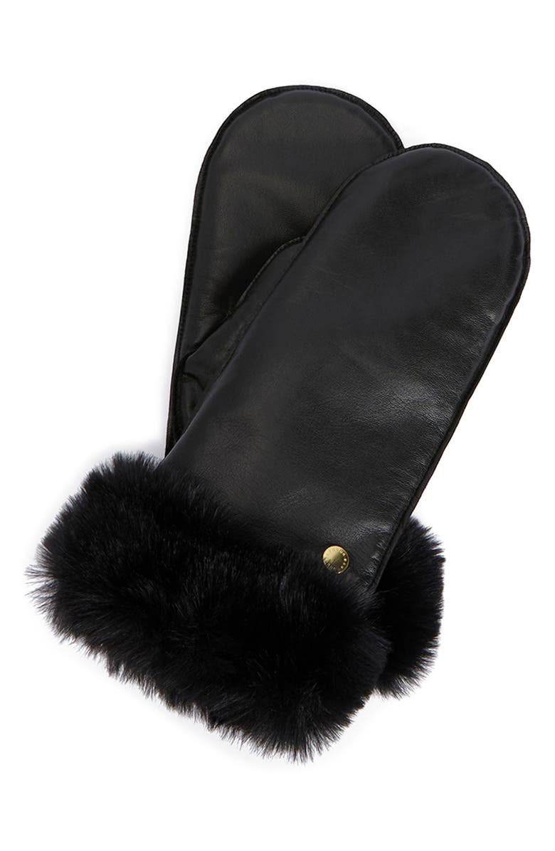 Barbour Daniella Leather & Faux Fur Mittens, Main, color, Black
