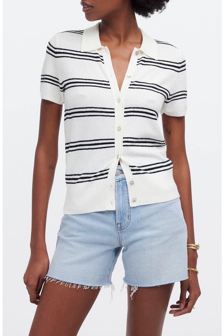 Stripe Knit Short Sleeve Button-Up Shirt, Main, color, BRIGHT IVORY