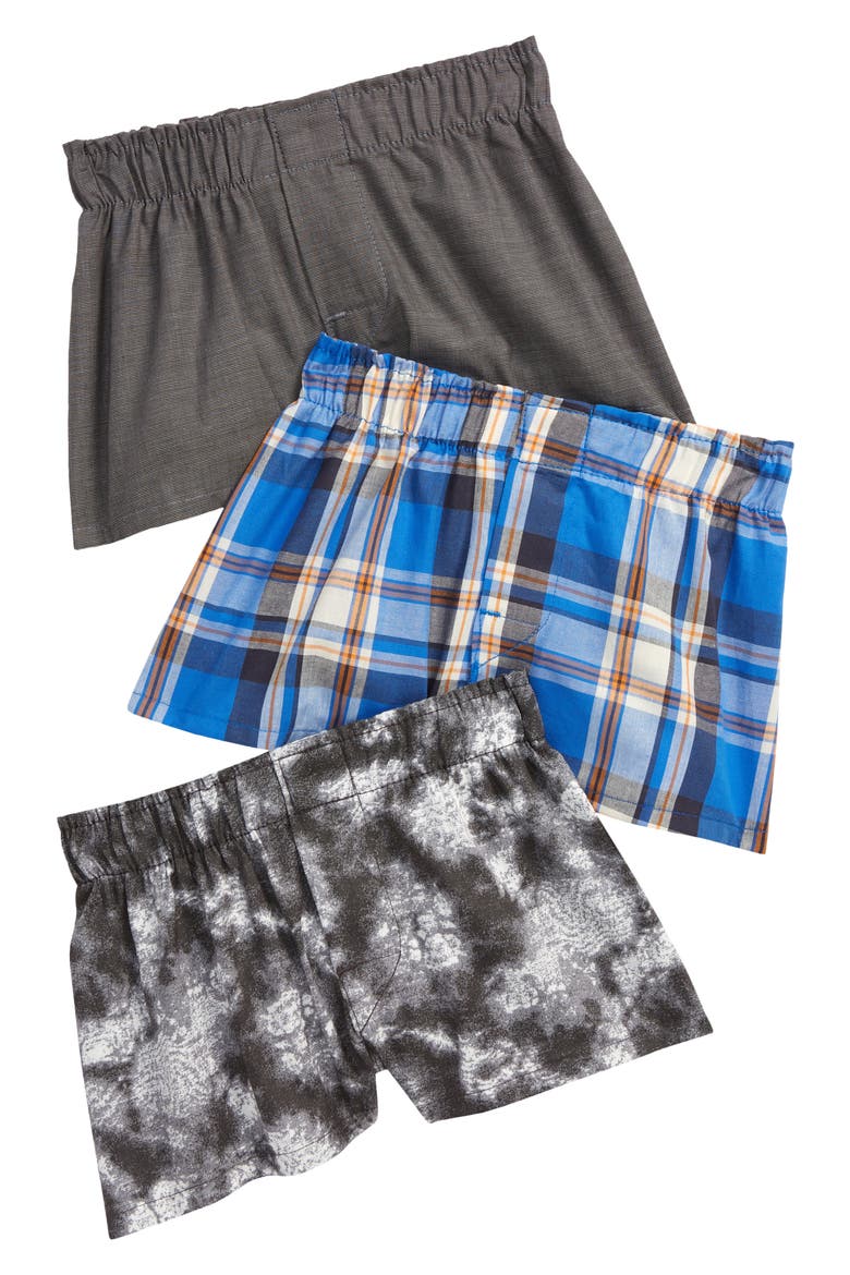 Kids' 3-Pack Assorted Woven Boxers, Main, color, PLAID- TIE DYE PACK