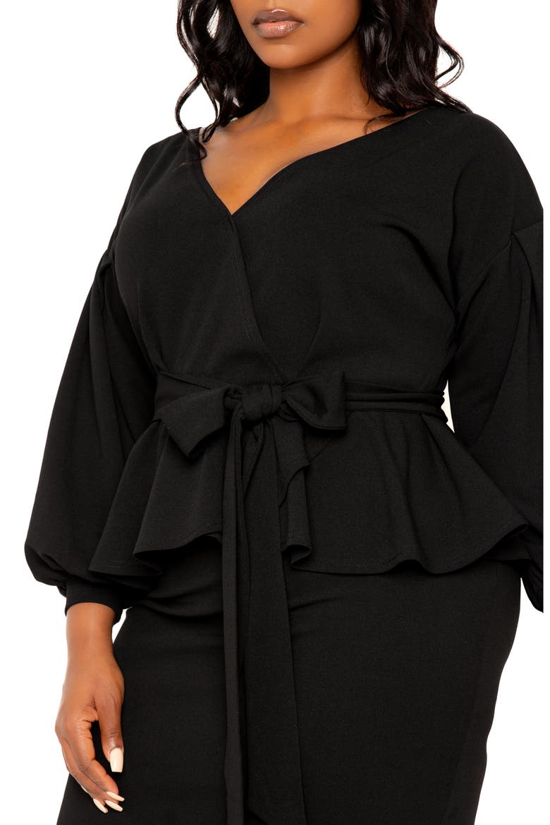 Convertible Shoulder Belted Peplum Midi Dress, Alternate, color, BLACK