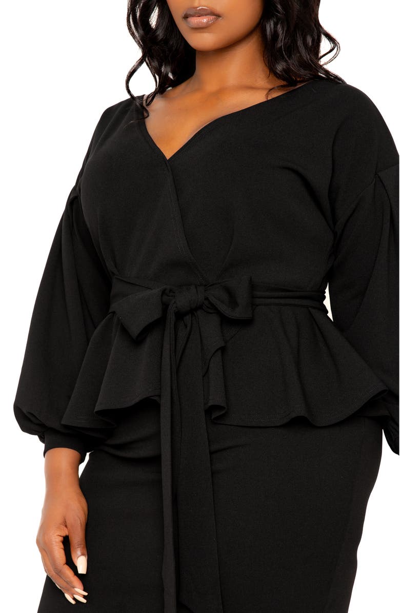 BUXOM COUTURE Convertible Shoulder Belted Peplum Midi Dress, Alternate, color, Black