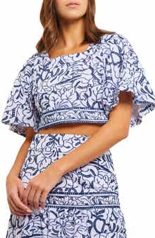 Misook Embroidered Floral Cotton Crop Top