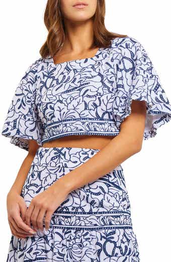 Misook Embroidered Floral Cotton Crop Top