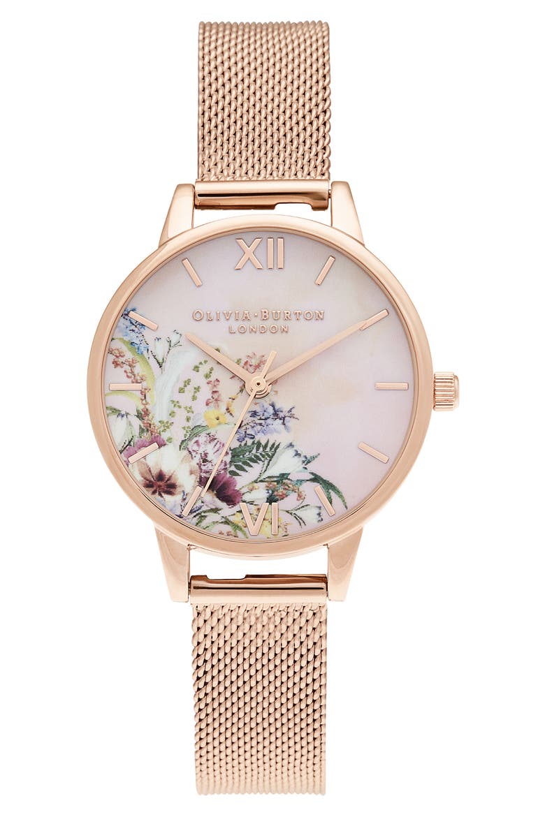 Enchanted Garden Mesh Strap Watch, 34mm, Main, color, PINK
