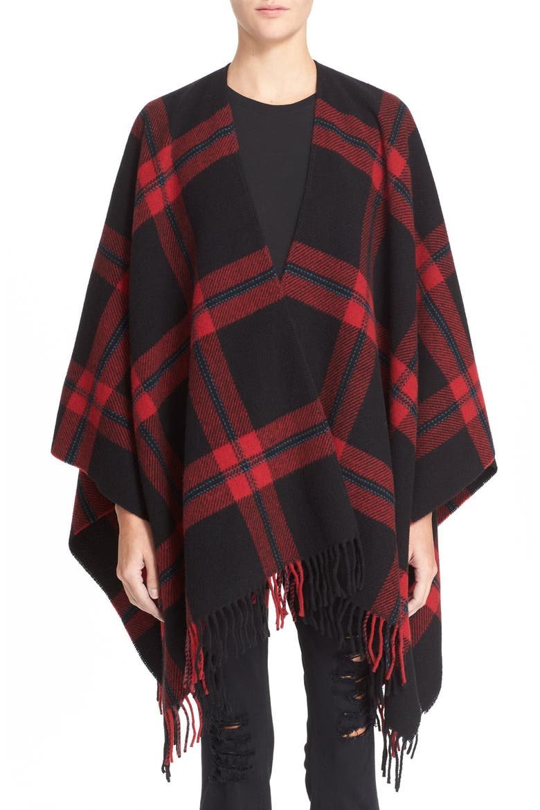 Plaid Wool Poncho, Main, color, BLACK