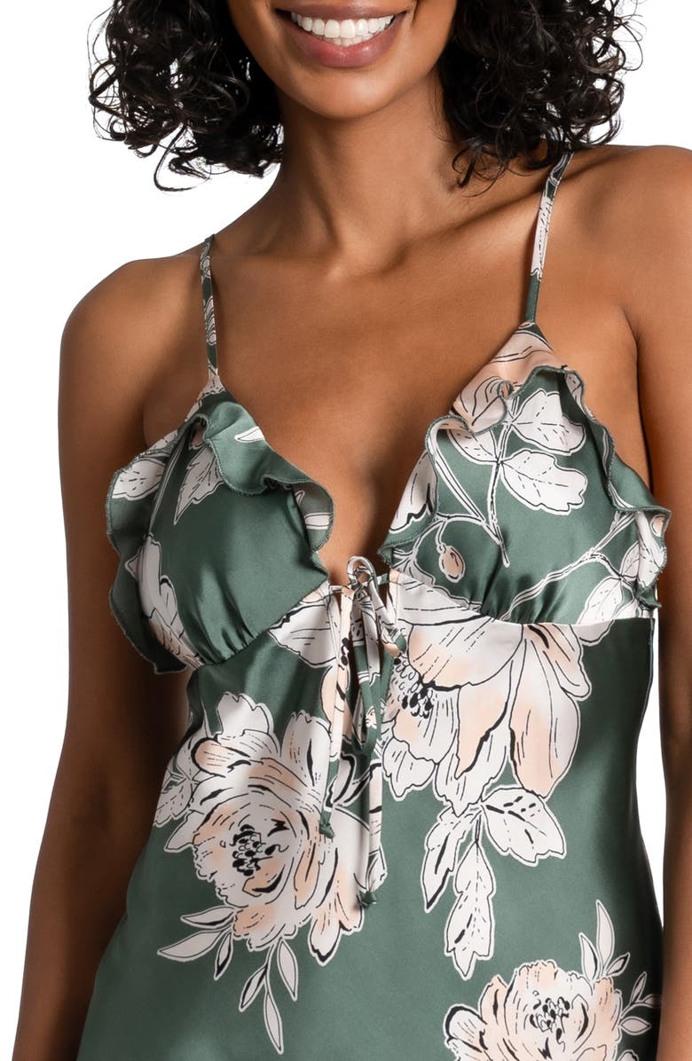 Midnight Bakery Fiji Floral Print Ruffle Trim Satin Chemise, Alternate, color, 