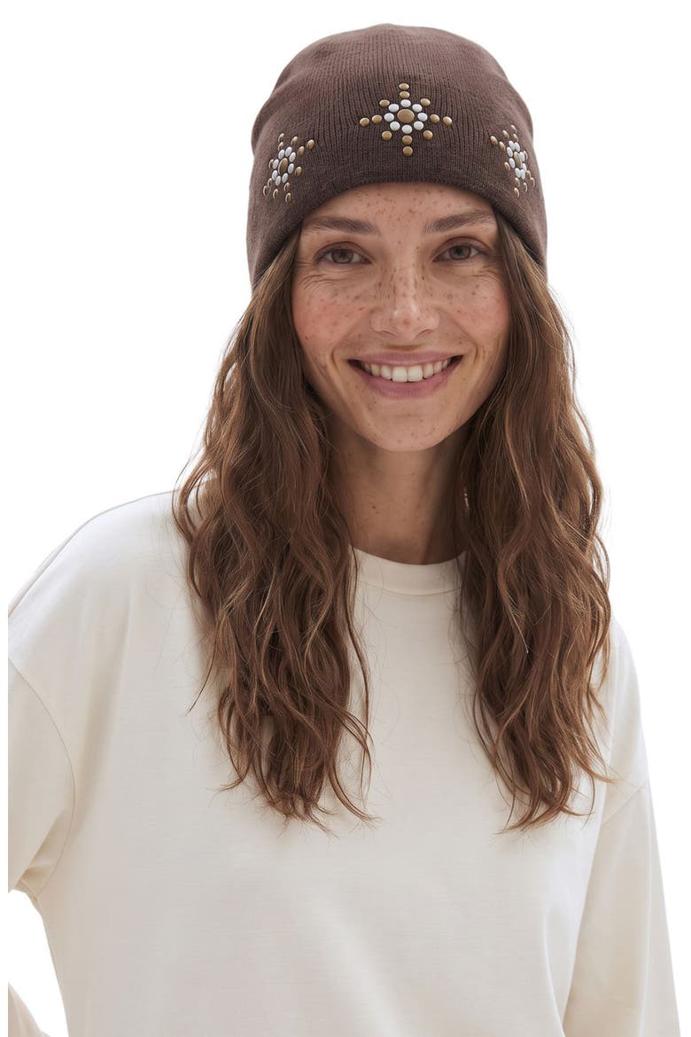Rustic Stud Beanie, Alternate, color, BROWN