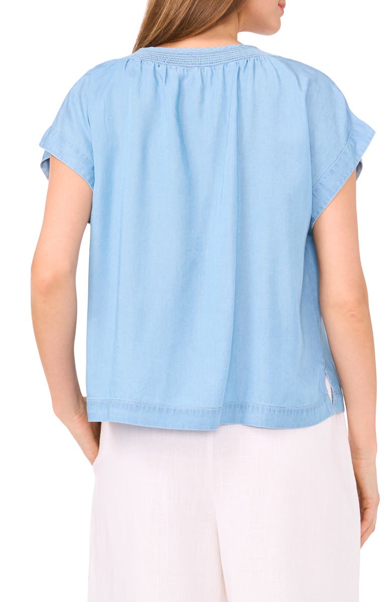 Vince Camuto Shirred Tie Neck Chambray Top, Alternate, color, Indigo