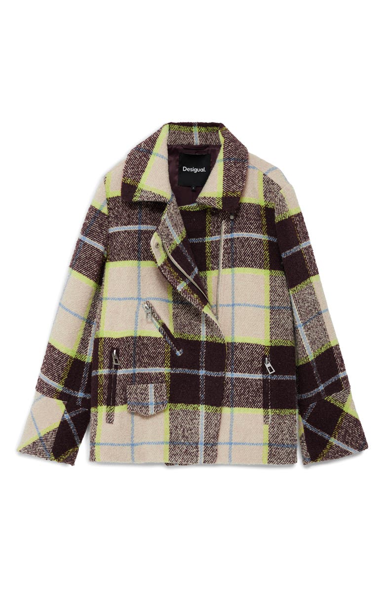 Desigual Check Plaid Short Overcoat, Alternate, color, Light Beige