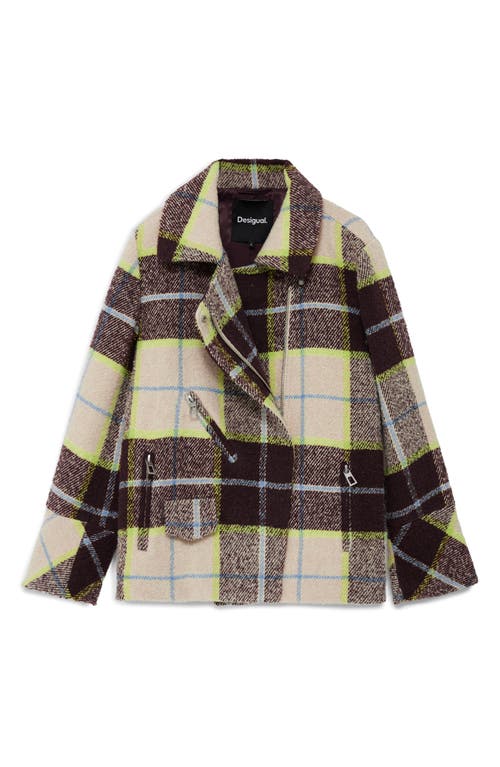Desigual Check Plaid Short Overcoat In Brown