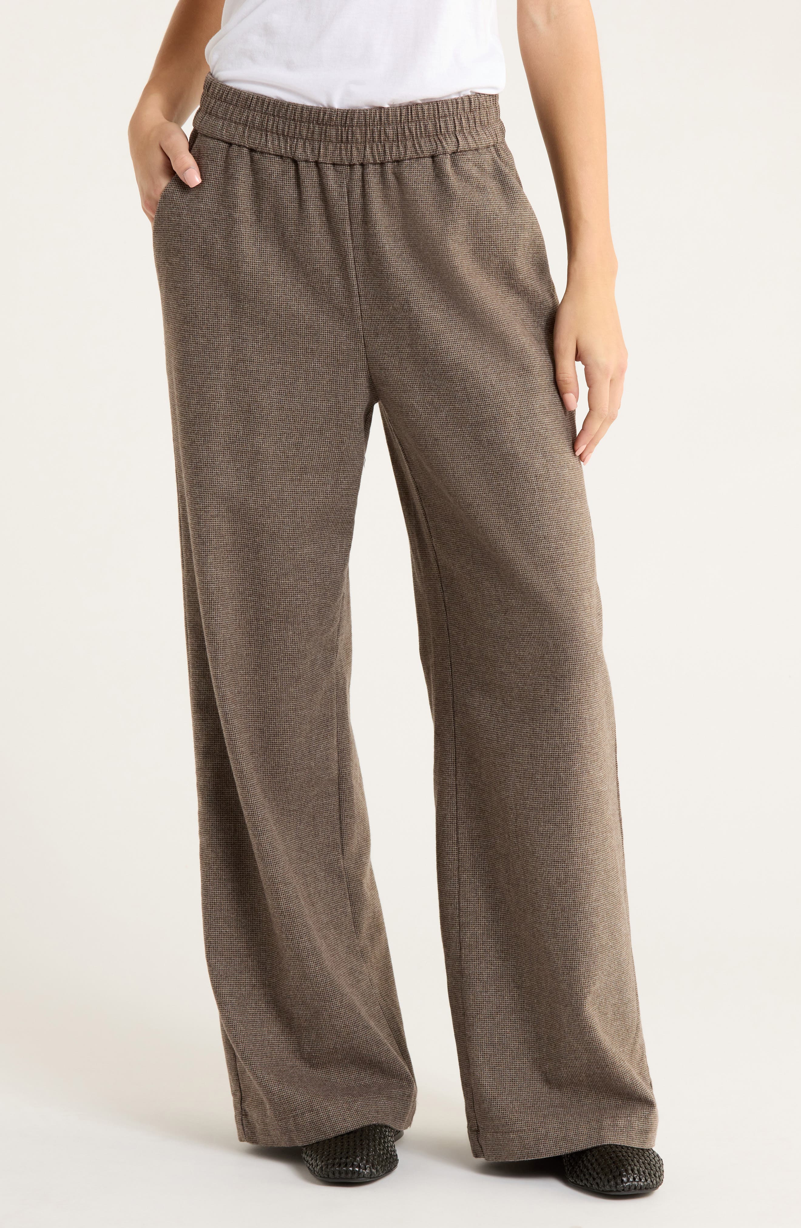Allison Houndstooth Pull-On Wide Leg Moleskin Pants