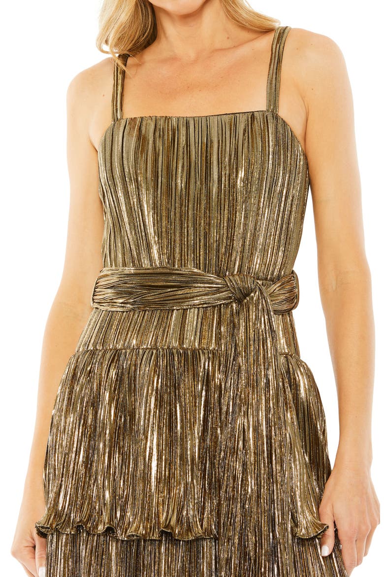 Square Neck Metallic Plissé Dress with Buckle Detail, Alternate, color, ANTIQUE GOLD