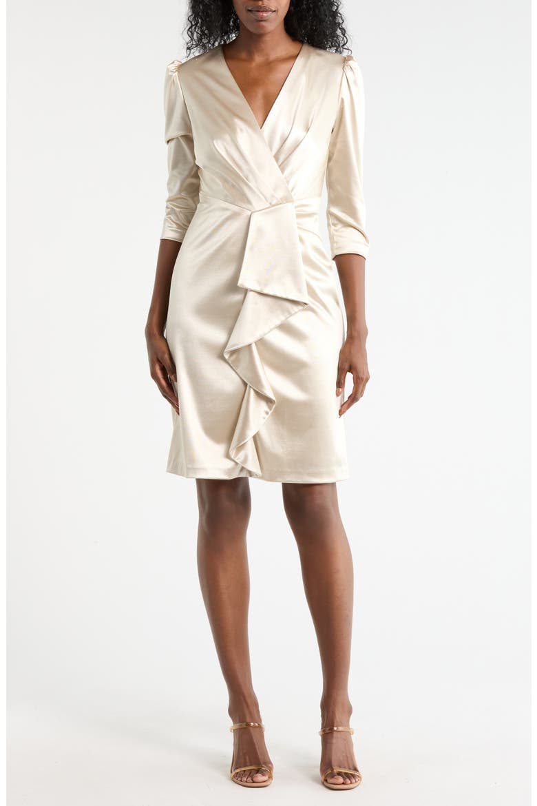 Ruffle Front Satin Sheath Dress, Main, color, CHAMPAGNE