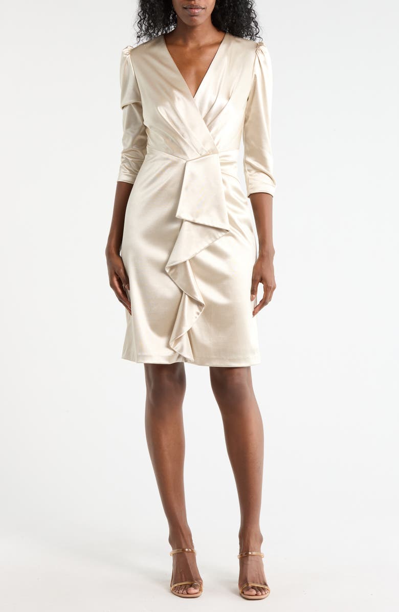 Julia Jordan Ruffle Front Satin Sheath Dress, Main, color, Champagne